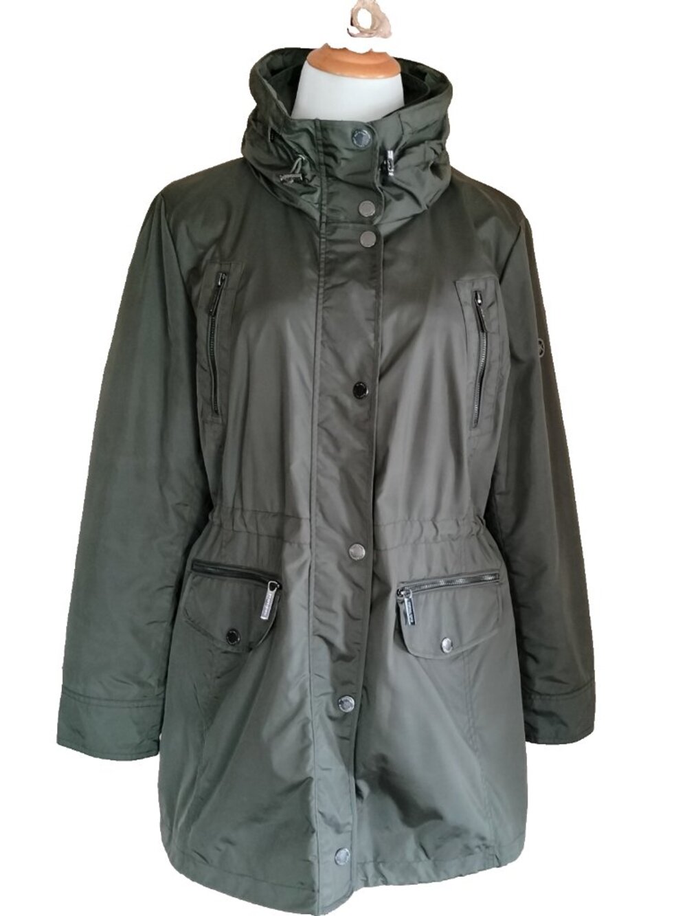 Michael Kors Hooded Mid-Length Coat  Olive Full Zip & Snap Closure Bungee